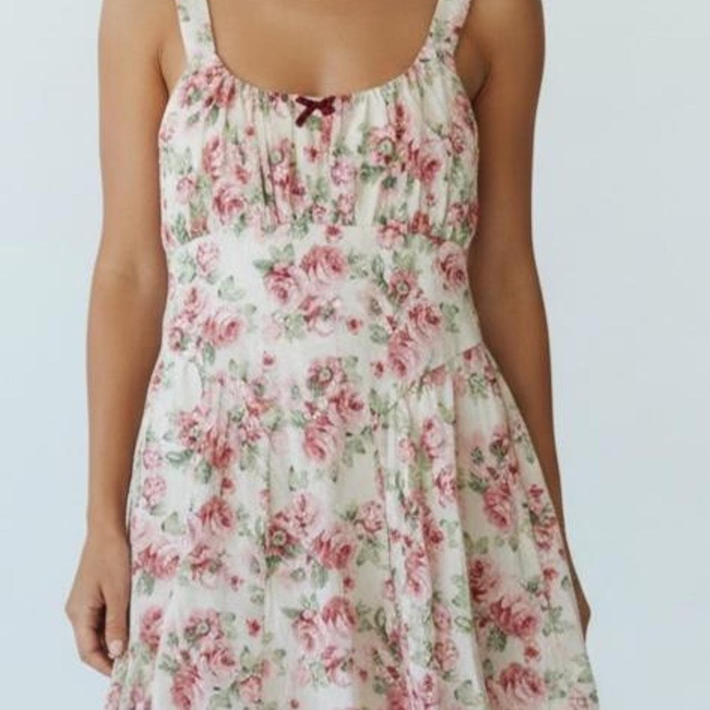 Floral Pink & Green Mini Dress With Bow